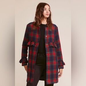 Jack by BB Dakota Jamson Red Blue Plaid Ruffle Tweed Long Jacket Longline Coat